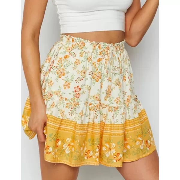 IDEALSANXUN Boho Mini Skirt for Women Beach Flower Print High Waisted A Line Flowy Spring Summer SkirtYellow