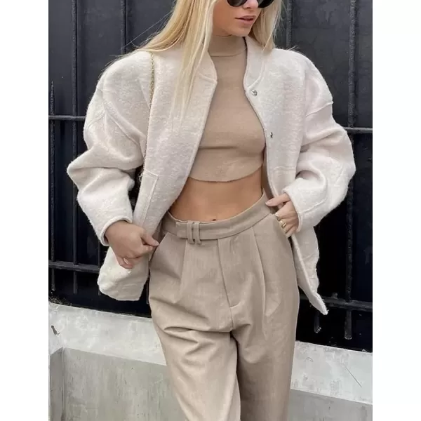 IDEALSANXUN Bomber Jacket Women Wool Coats Casual Oversized Button Down Lightweight Varsity Jackets 2023Beige