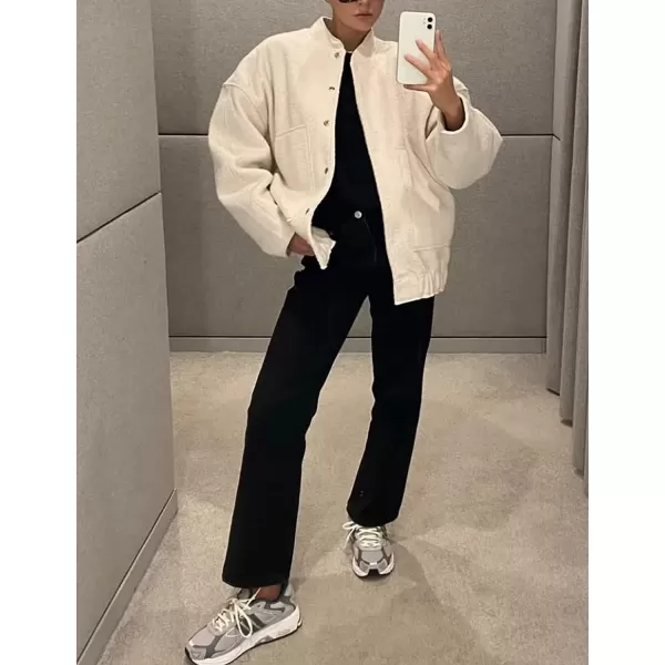 IDEALSANXUN Bomber Jacket Women Wool Coats Casual Oversized Button Down Lightweight Varsity Jackets 2023Beige