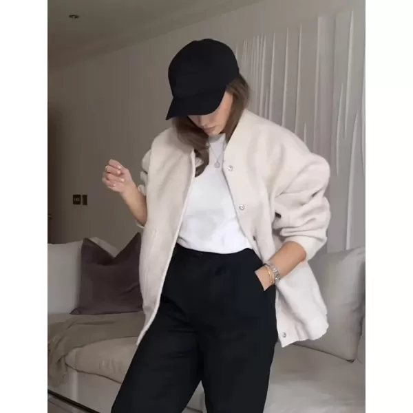 IDEALSANXUN Bomber Jacket Women Wool Coats Casual Oversized Button Down Lightweight Varsity Jackets 2023Beige