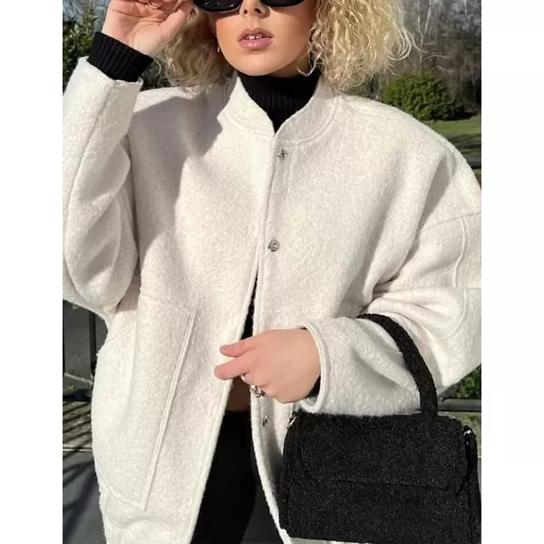 IDEALSANXUN Bomber Jacket Women Wool Coats Casual Oversized Button Down Lightweight Varsity Jackets 2023Beige