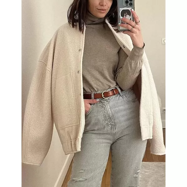 IDEALSANXUN Bomber Jacket Women Wool Coats Casual Oversized Button Down Lightweight Varsity Jackets 2023Beige