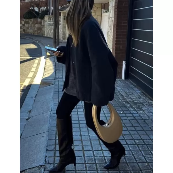 IDEALSANXUN Bomber Jacket Women Wool Coats Casual Oversized Button Down Lightweight Varsity Jackets 2023Black