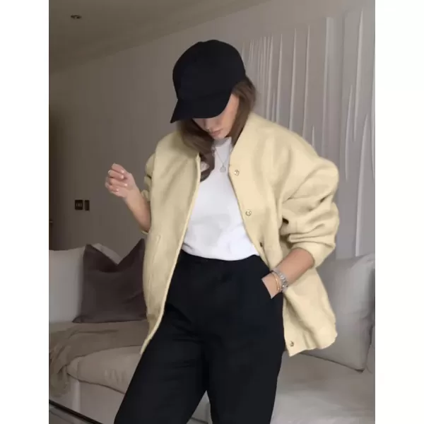 IDEALSANXUN Bomber Jacket Women Wool Coats Casual Oversized Button Down Lightweight Varsity Jackets 2023Khaki