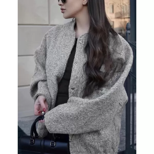 IDEALSANXUN Bomber Jacket Women Wool Coats Casual Oversized Button Down Lightweight Varsity Jackets 2023Light Grey