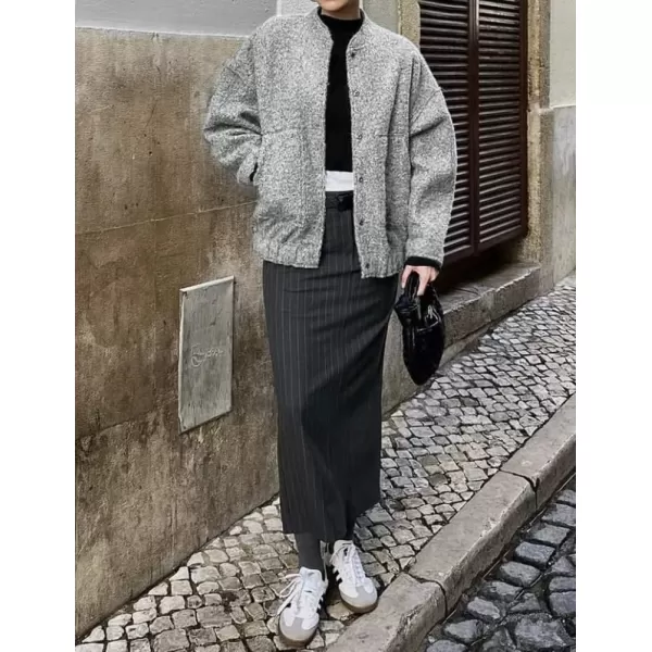 IDEALSANXUN Bomber Jacket Women Wool Coats Casual Oversized Button Down Lightweight Varsity Jackets 2023Light Grey