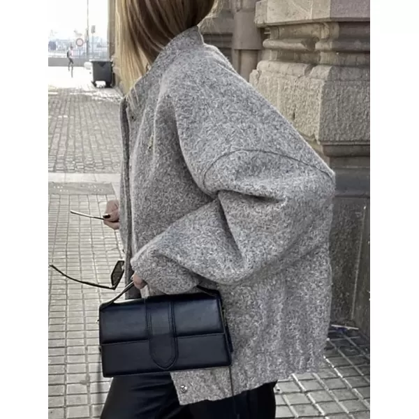 IDEALSANXUN Bomber Jacket Women Wool Coats Casual Oversized Button Down Lightweight Varsity Jackets 2023Light Grey