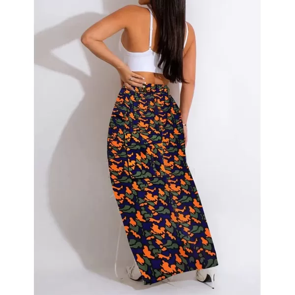 IDEALSANXUN Camo Cargo Skirts for Women High Waisted Camouflage Print High Slit Y2K Maxi Long Skirt with PocketsFloral