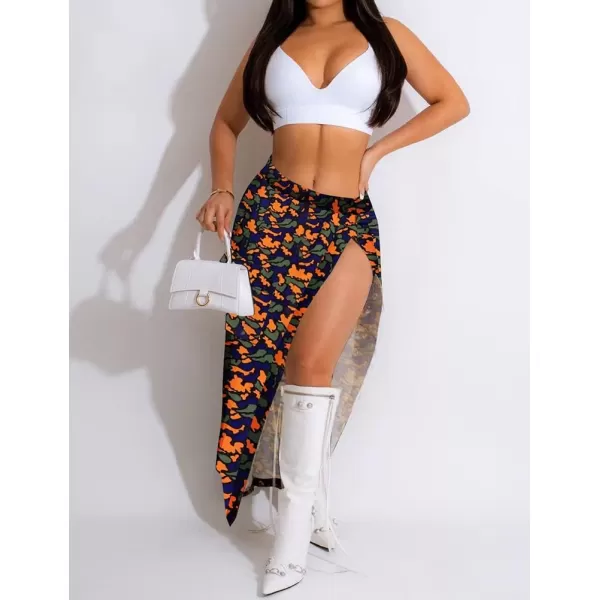 IDEALSANXUN Camo Cargo Skirts for Women High Waisted Camouflage Print High Slit Y2K Maxi Long Skirt with PocketsFloral