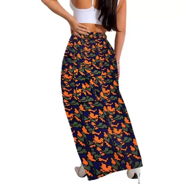 IDEALSANXUN Camo Cargo Skirts for Women High Waisted Camouflage Print High Slit Y2K Maxi Long Skirt with PocketsFloral