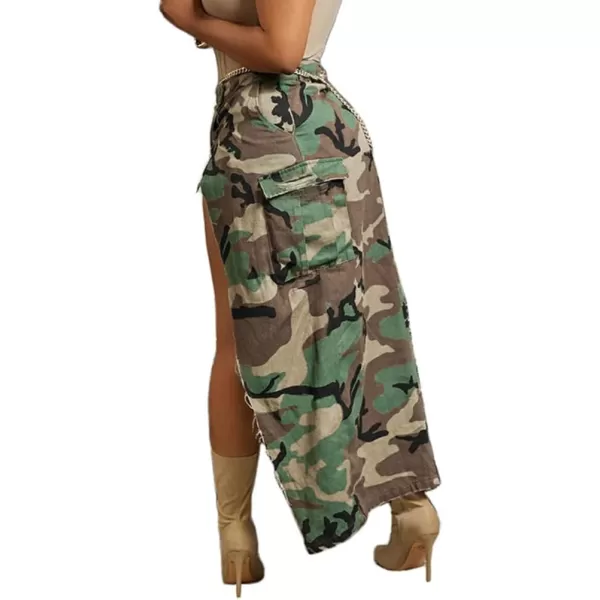 IDEALSANXUN Camo Cargo Skirts for Women High Waisted Camouflage Print High Slit Y2K Maxi Long Skirt with PocketsGreen