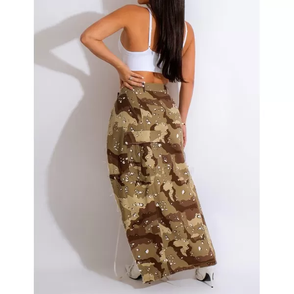 IDEALSANXUN Camo Cargo Skirts for Women High Waisted Camouflage Print High Slit Y2K Maxi Long Skirt with PocketsKhaki
