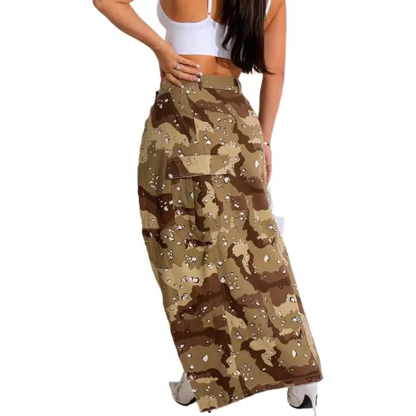 IDEALSANXUN Camo Cargo Skirts for Women High Waisted Camouflage Print High Slit Y2K Maxi Long Skirt with PocketsKhaki