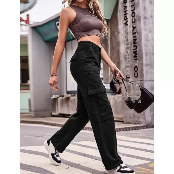 IDEALSANXUN Cargo Jeans for Women High Waisted Casual Baggy Trendy Outdoor Streetwear Y2k Pants Straight Leg Denim JeansBlack