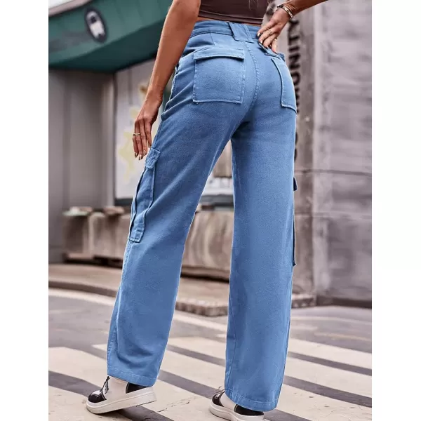 IDEALSANXUN Cargo Jeans for Women High Waisted Casual Baggy Trendy Outdoor Streetwear Y2k Pants Straight Leg Denim JeansBlue