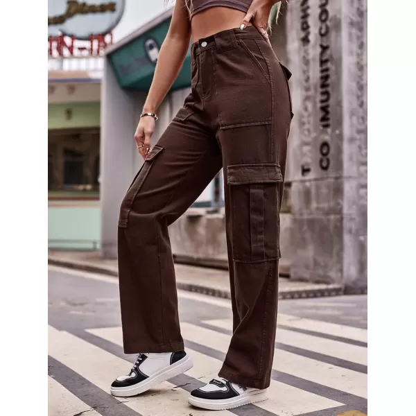 IDEALSANXUN Cargo Jeans for Women High Waisted Casual Baggy Trendy Outdoor Streetwear Y2k Pants Straight Leg Denim JeansCoffee
