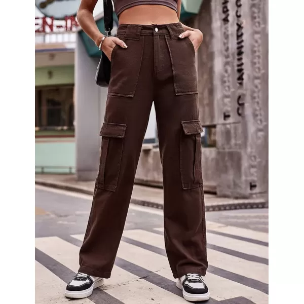 IDEALSANXUN Cargo Jeans for Women High Waisted Casual Baggy Trendy Outdoor Streetwear Y2k Pants Straight Leg Denim JeansCoffee