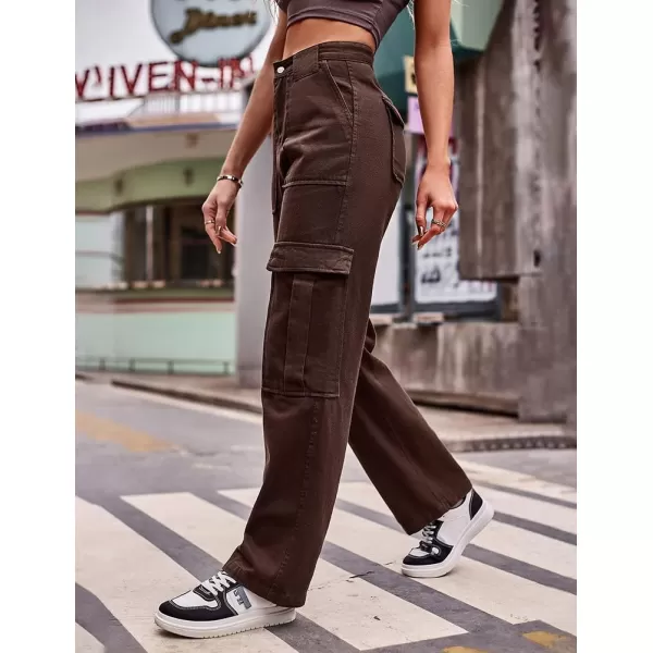 IDEALSANXUN Cargo Jeans for Women High Waisted Casual Baggy Trendy Outdoor Streetwear Y2k Pants Straight Leg Denim JeansCoffee
