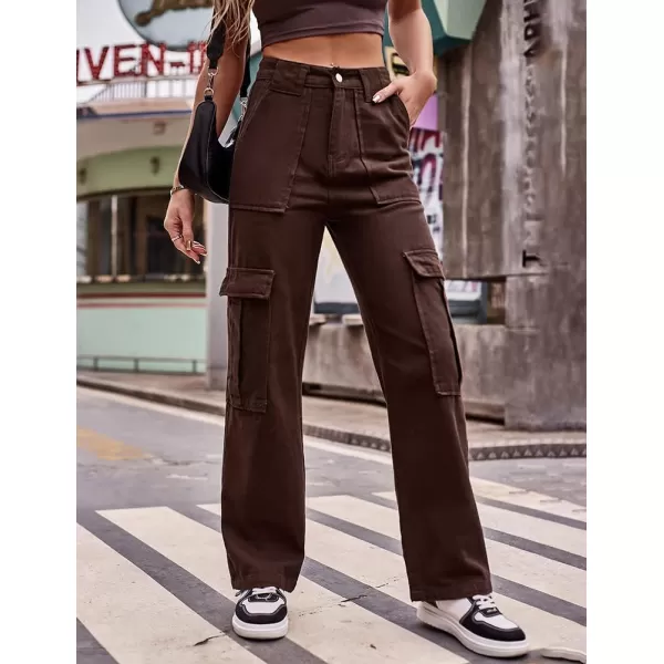IDEALSANXUN Cargo Jeans for Women High Waisted Casual Baggy Trendy Outdoor Streetwear Y2k Pants Straight Leg Denim JeansCoffee