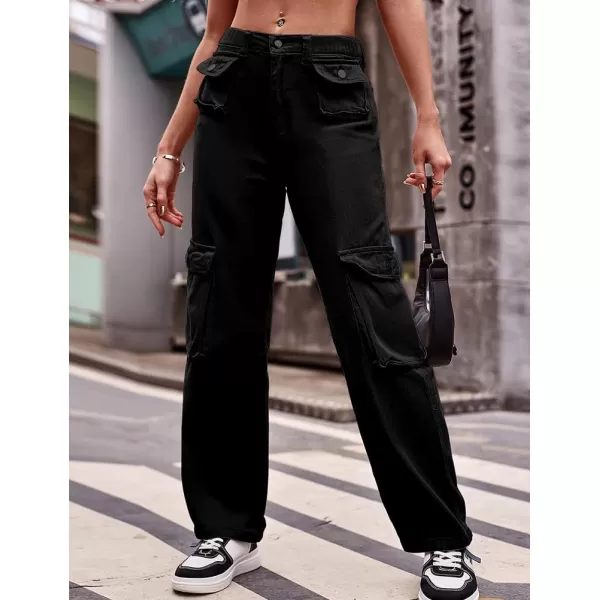 IDEALSANXUN Cargo Jeans for Women Straight Leg Boyfriend Y2k Baggy Jeans Trendy High Waisted Streetwear Cargo PantsBlack