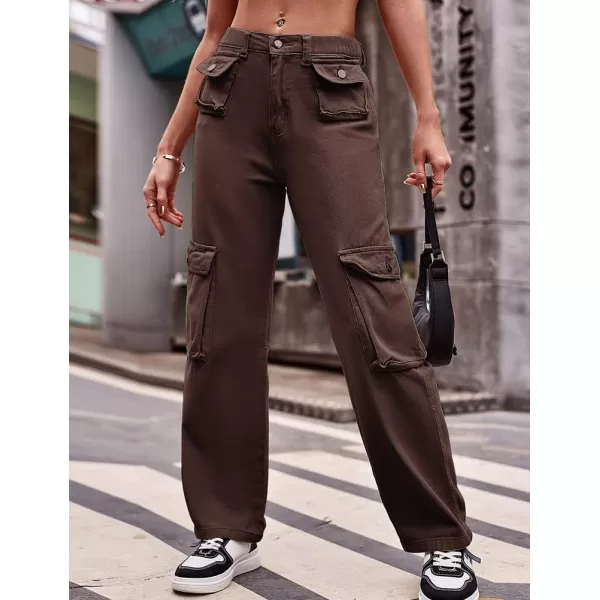 IDEALSANXUN Cargo Jeans for Women Straight Leg Boyfriend Y2k Baggy Jeans Trendy High Waisted Streetwear Cargo PantsCoffee