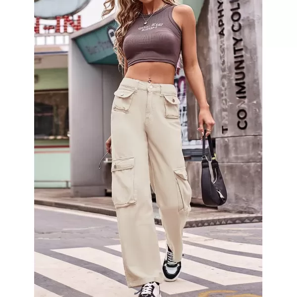 IDEALSANXUN Cargo Jeans for Women Straight Leg Boyfriend Y2k Baggy Jeans Trendy High Waisted Streetwear Cargo PantsKhaki