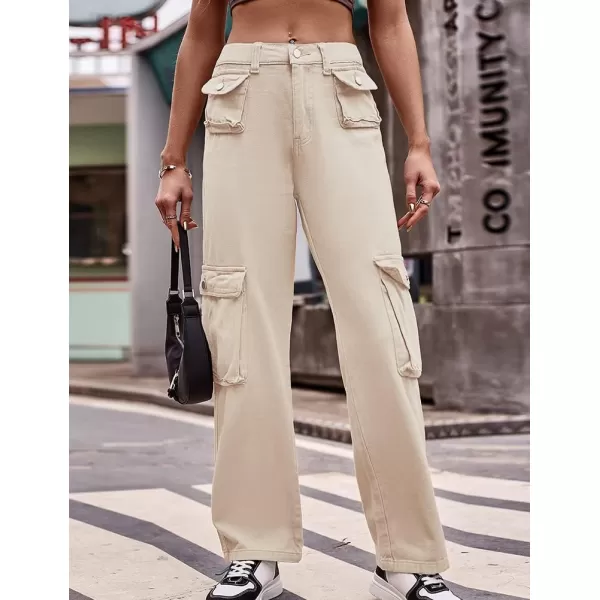 IDEALSANXUN Cargo Jeans for Women Straight Leg Boyfriend Y2k Baggy Jeans Trendy High Waisted Streetwear Cargo PantsKhaki