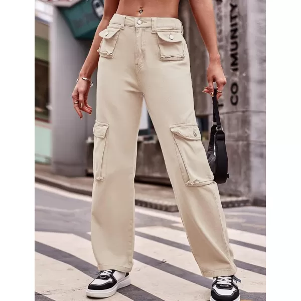 IDEALSANXUN Cargo Jeans for Women Straight Leg Boyfriend Y2k Baggy Jeans Trendy High Waisted Streetwear Cargo PantsKhaki