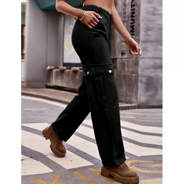 IDEALSANXUN Cargo Jeans for Women Streetwear Baggy Tactical Pants Trendy High Waisted Straight Leg Loose Boyfriend Y2k JeansBlack