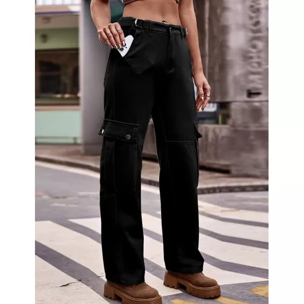 IDEALSANXUN Cargo Jeans for Women Streetwear Baggy Tactical Pants Trendy High Waisted Straight Leg Loose Boyfriend Y2k JeansBlack