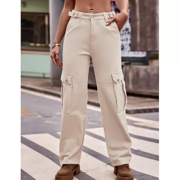 IDEALSANXUN Cargo Jeans for Women Streetwear Baggy Tactical Pants Trendy High Waisted Straight Leg Loose Boyfriend Y2k JeansKhaki