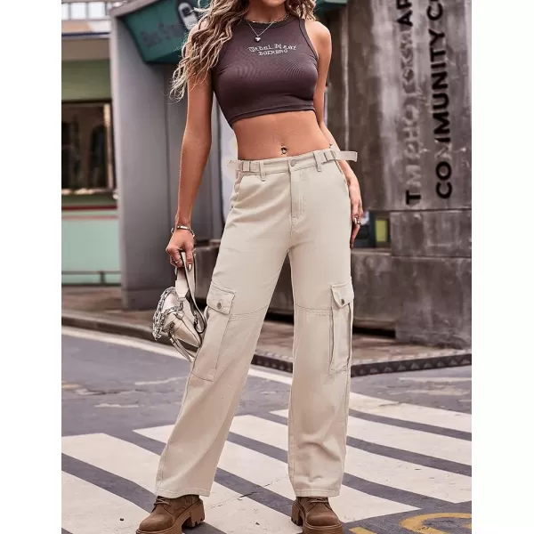 IDEALSANXUN Cargo Jeans for Women Streetwear Baggy Tactical Pants Trendy High Waisted Straight Leg Loose Boyfriend Y2k JeansKhaki