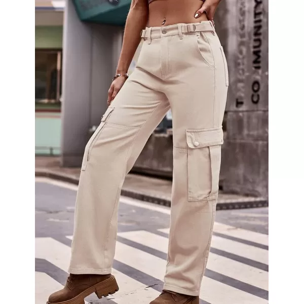 IDEALSANXUN Cargo Jeans for Women Streetwear Baggy Tactical Pants Trendy High Waisted Straight Leg Loose Boyfriend Y2k JeansKhaki