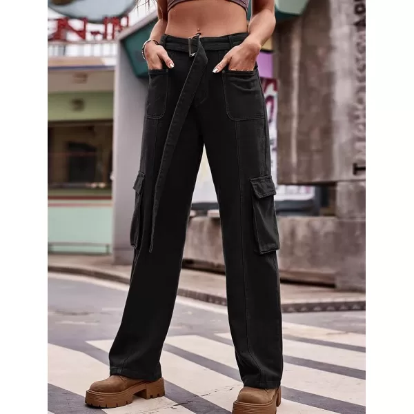 IDEALSANXUN Cargo Jeans for Women Trendy Boyfriend Straight Leg Baggy Jeans High Waisted Casual Streetwear Y2K Pants TrousersBlack