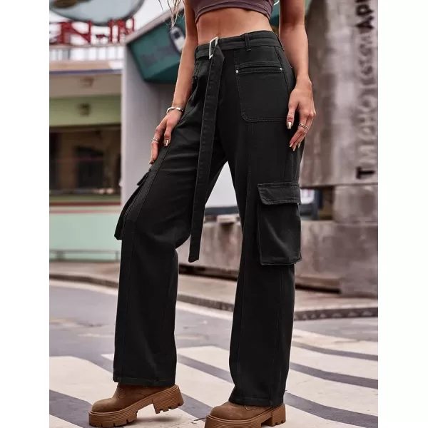 IDEALSANXUN Cargo Jeans for Women Trendy Boyfriend Straight Leg Baggy Jeans High Waisted Casual Streetwear Y2K Pants TrousersBlack