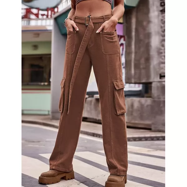 IDEALSANXUN Cargo Jeans for Women Trendy Boyfriend Straight Leg Baggy Jeans High Waisted Casual Streetwear Y2K Pants TrousersBrown