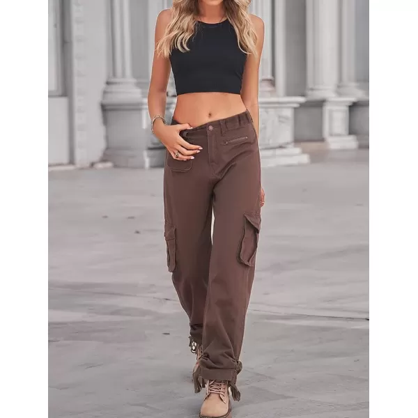 IDEALSANXUN Cargo Jeans for Women Trendy Casual Streetwear Baggy Pants Trousers High Waisted Loose Straight Leg Y2k JeansCoffee