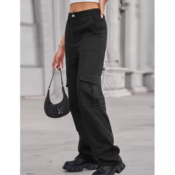 IDEALSANXUN Cargo Jeans for Women Trendy Casual Streetwear Baggy Y2k Pants High Waisted Straight Leg Boyfriend Denim JeansBlack