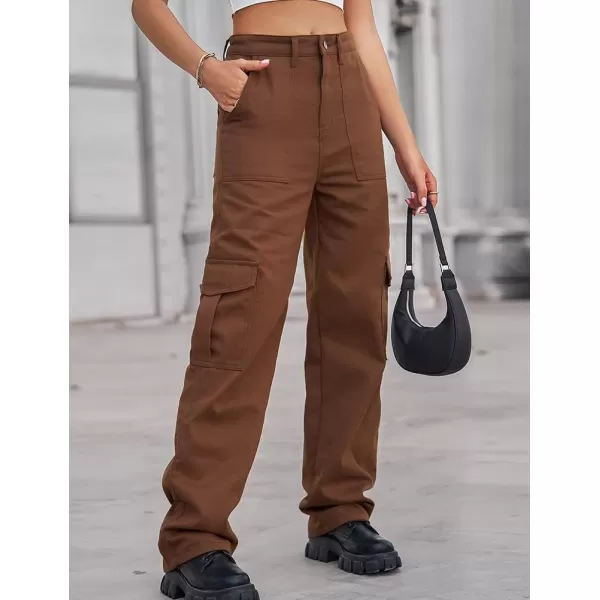 IDEALSANXUN Cargo Jeans for Women Trendy Casual Streetwear Baggy Y2k Pants High Waisted Straight Leg Boyfriend Denim JeansBrown