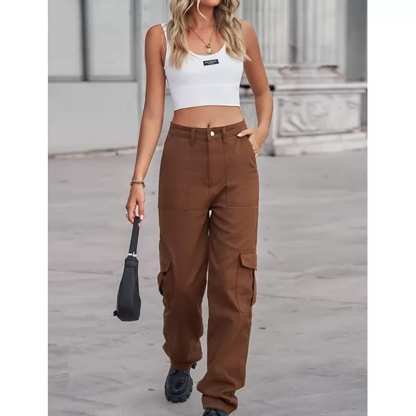 IDEALSANXUN Cargo Jeans for Women Trendy Casual Streetwear Baggy Y2k Pants High Waisted Straight Leg Boyfriend Denim JeansBrown