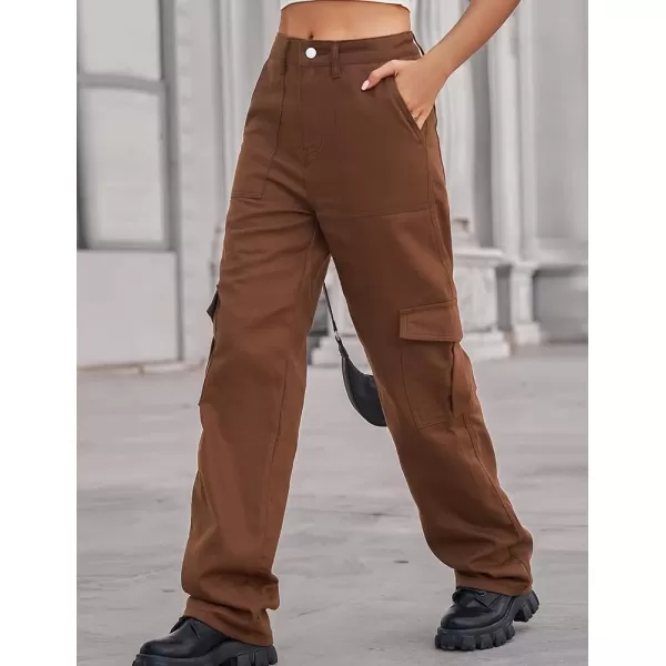 IDEALSANXUN Cargo Jeans for Women Trendy Casual Streetwear Baggy Y2k Pants High Waisted Straight Leg Boyfriend Denim JeansBrown