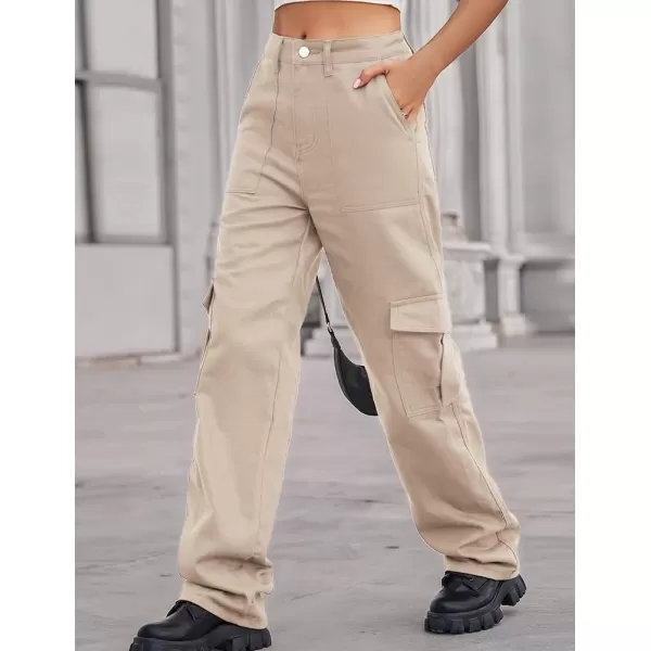 IDEALSANXUN Cargo Jeans for Women Trendy Casual Streetwear Baggy Y2k Pants High Waisted Straight Leg Boyfriend Denim JeansKhaki