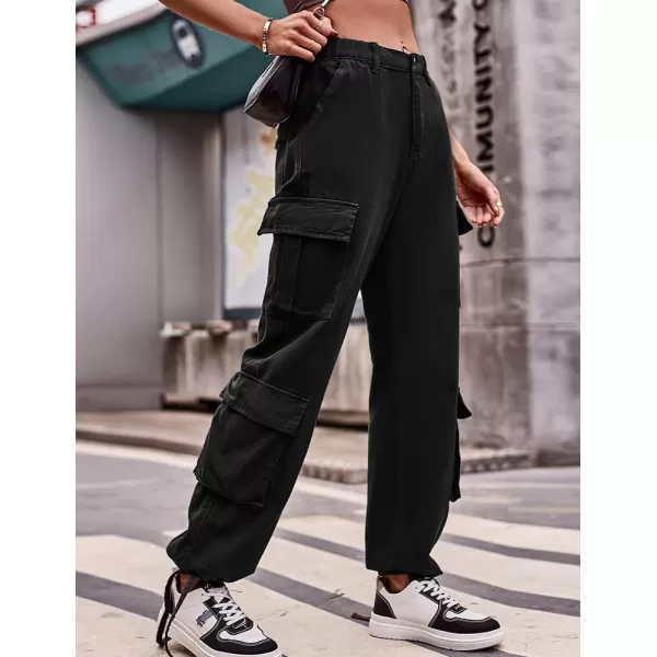 IDEALSANXUN Cargo Jeans for Women Trendy Straight Leg High Waisted Jeans Denim Trousers Streetwear Y2k Baggy Cargo PantsBlack