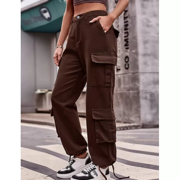 IDEALSANXUN Cargo Jeans for Women Trendy Straight Leg High Waisted Jeans Denim Trousers Streetwear Y2k Baggy Cargo PantsCoffee
