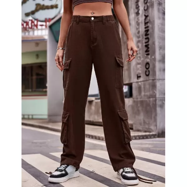 IDEALSANXUN Cargo Jeans for Women Trendy Straight Leg High Waisted Jeans Denim Trousers Streetwear Y2k Baggy Cargo PantsCoffee