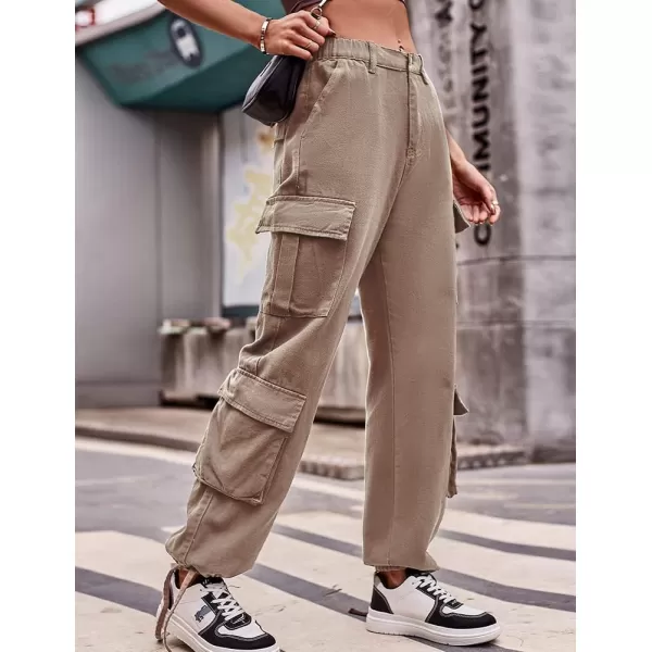 IDEALSANXUN Cargo Jeans for Women Trendy Straight Leg High Waisted Jeans Denim Trousers Streetwear Y2k Baggy Cargo PantsKhaki