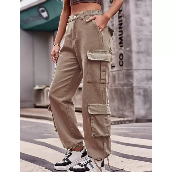 IDEALSANXUN Cargo Jeans for Women Trendy Straight Leg High Waisted Jeans Denim Trousers Streetwear Y2k Baggy Cargo PantsKhaki