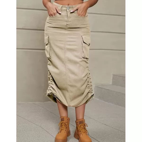 IDEALSANXUN Cargo Skirts for Women 2023 Midi Long Denim Jean Skirt1khaki