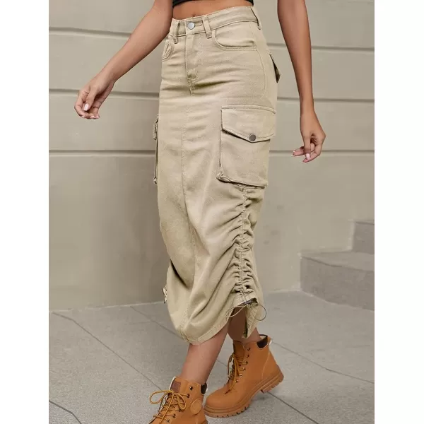 IDEALSANXUN Cargo Skirts for Women 2023 Midi Long Denim Jean Skirt1khaki