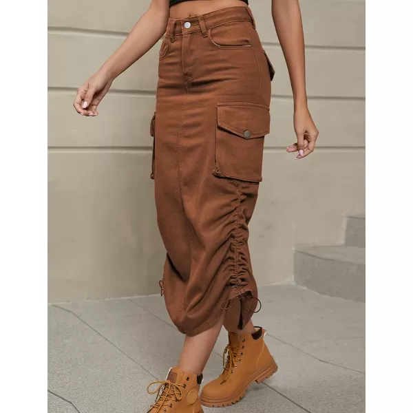 IDEALSANXUN Cargo Skirts for Women 2023 Midi Long Denim Jean SkirtBrown